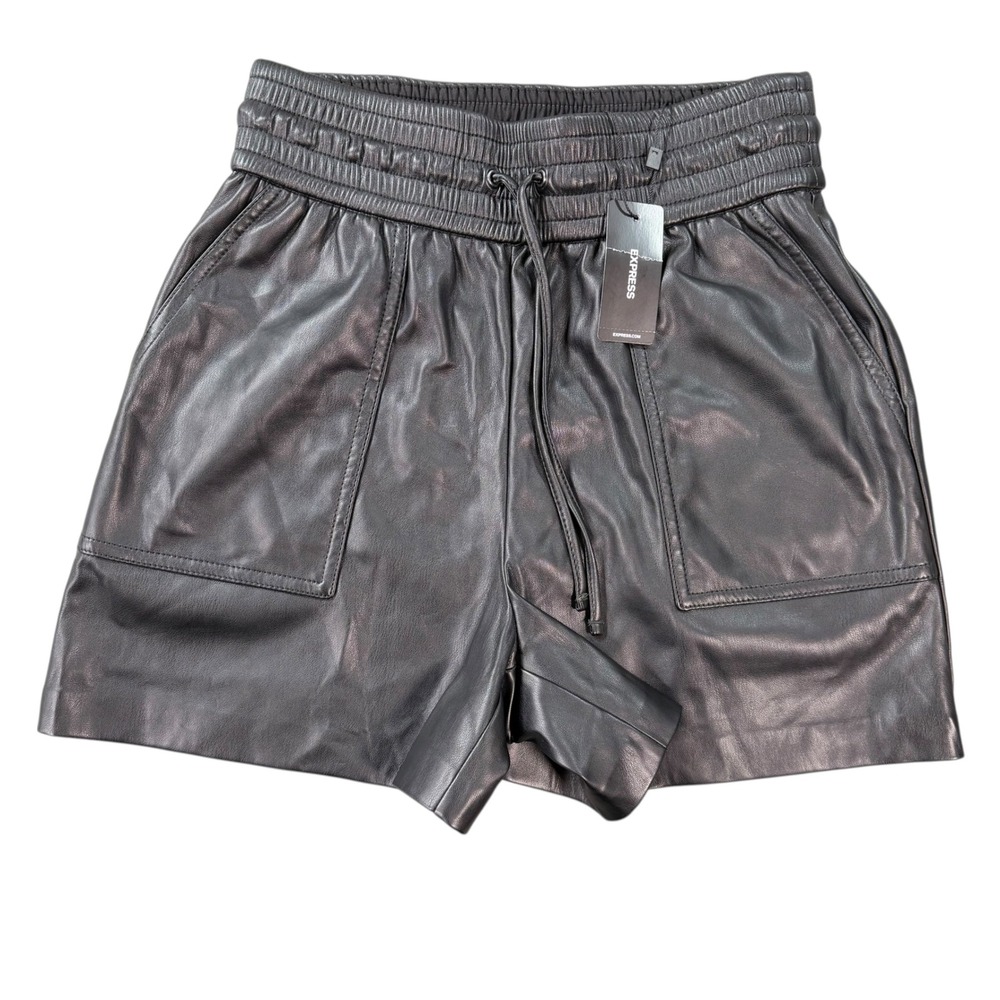 Express Women Faux Leather Smocked Waist Black Shorts Size XS